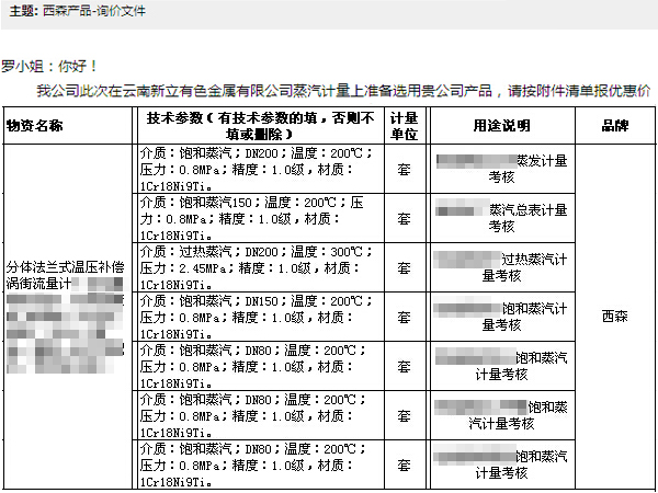 西森蒸汽計(jì)量系統(tǒng)詢價單截圖