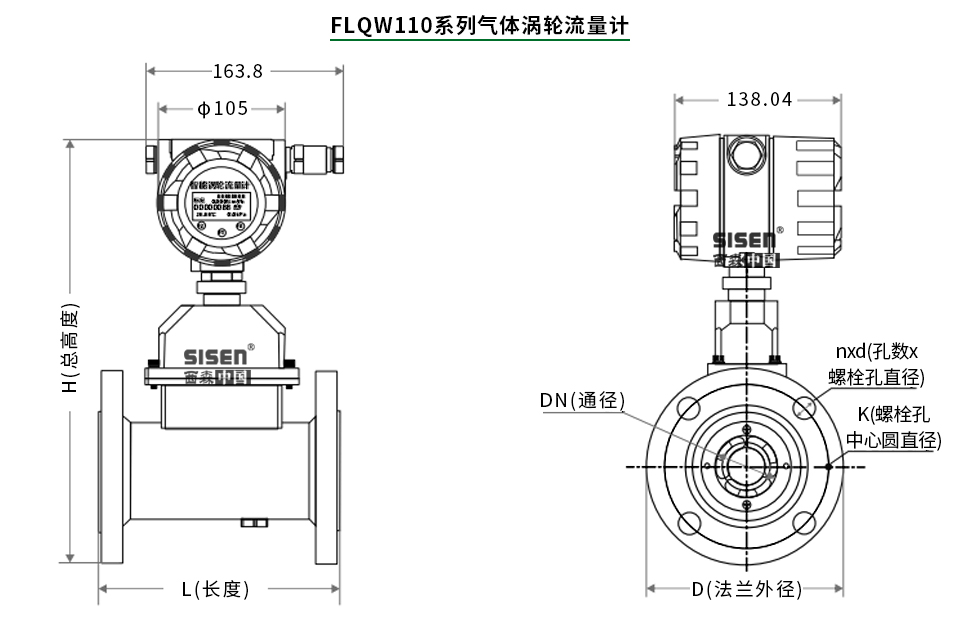 FLQW110溫壓補(bǔ)償型氣體渦輪流量計尺寸圖
